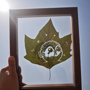 Cartoon Sky-Gazing Leaf Art – Framed Real Leaf Carving