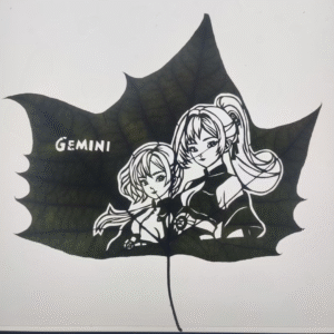 Gemini Anime Leaf Carving – Dual Character Zodiac Art on Real Leaf
