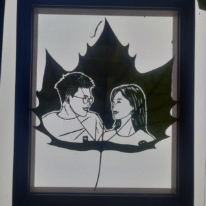 Custom Couple Portrait Leaf Carving – Framed Handcrafted Memory Art