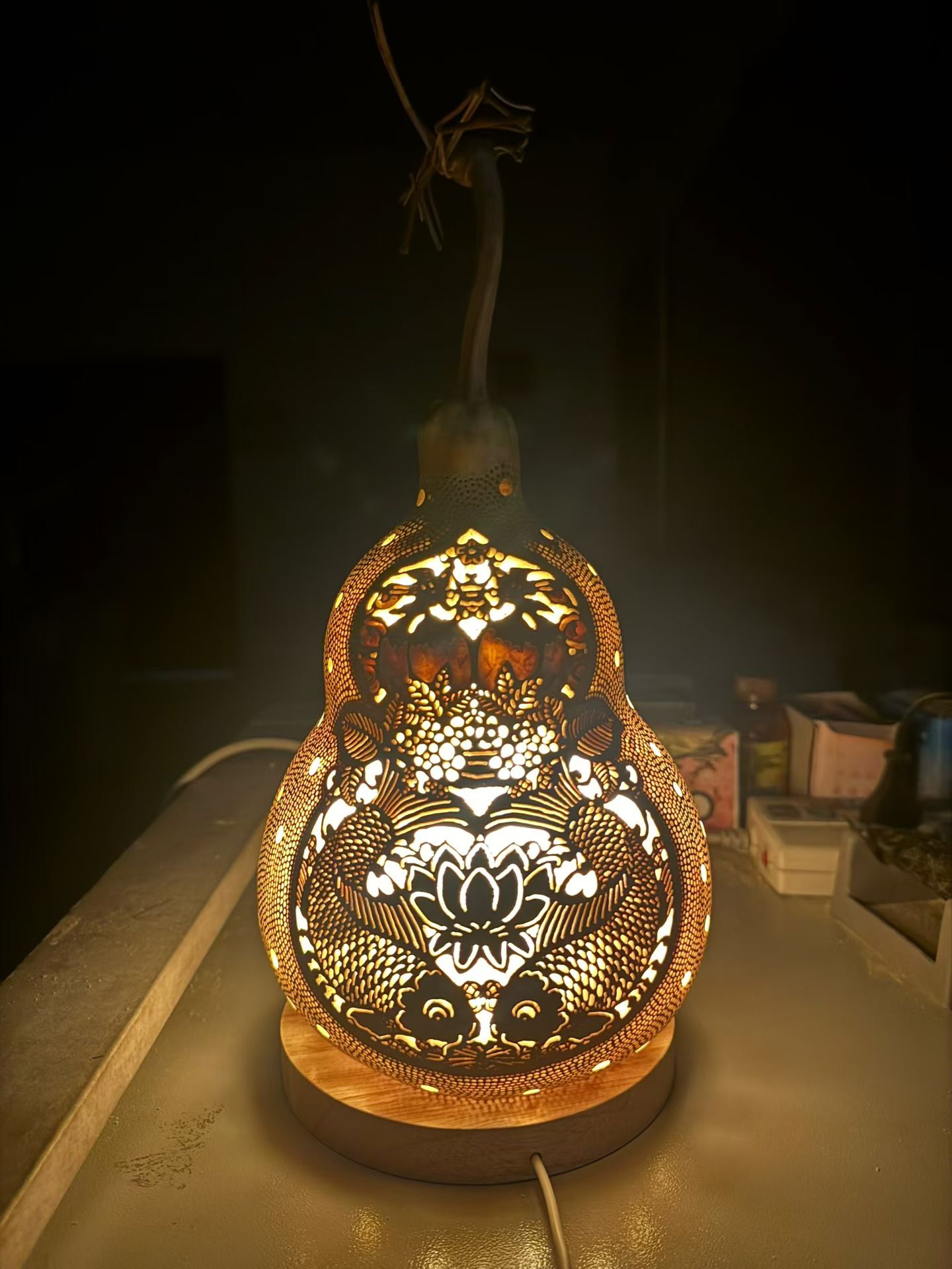 Handcrafted Gourd Lamp – Lotus & Koi Design