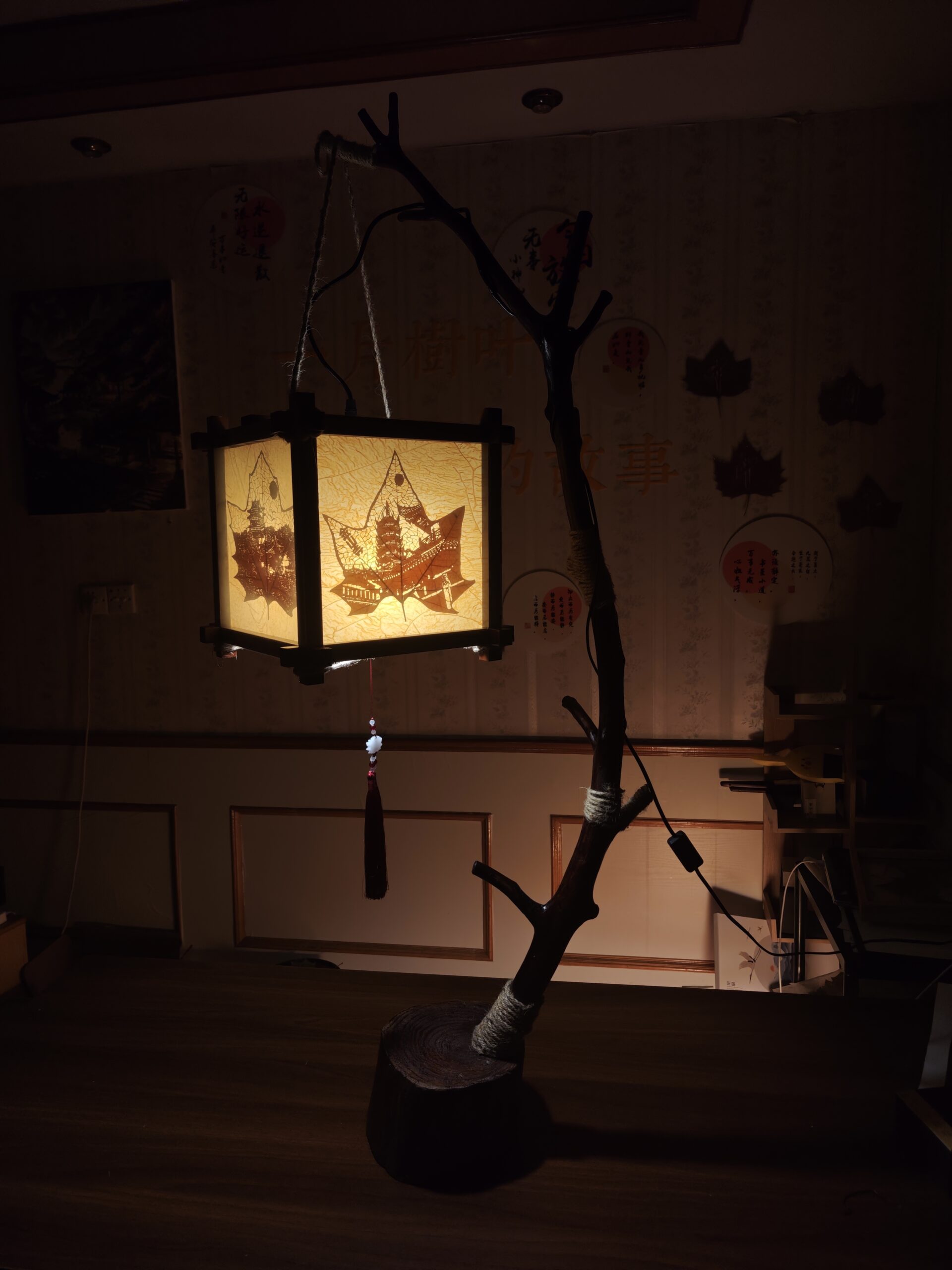 Natural maple leaf carving, Zen-style branch design, new Chinese-style home atmosphere lamp